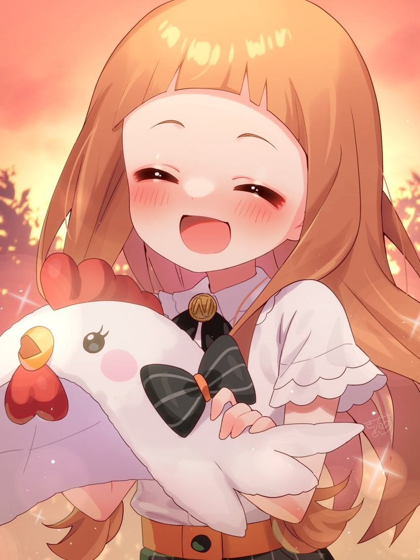 1girl, ^_^, blunt_bangs, blush, chicken_hat, closed_eyes, euphoniummatsu, hat, highres, holding, holding_clothes, holding_hat, ichihara_nina, idolmaster, idolmaster_cinderella_girls, idolmaster_cinderella_girls_u149, long_hair, orange_hair, outdoors, shirt, sidelocks, smile, solo, straight_hair, sunset, upper_body, very_long_hair, white_shirt