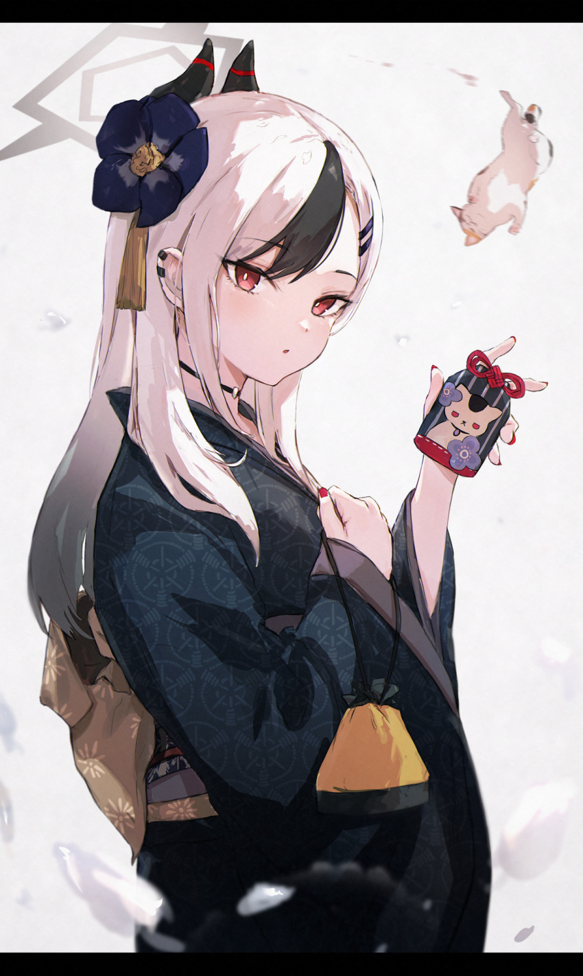 1girl, asymmetrical_bangs, bag, black_choker, black_flower, black_hair, black_kimono, blue_archive