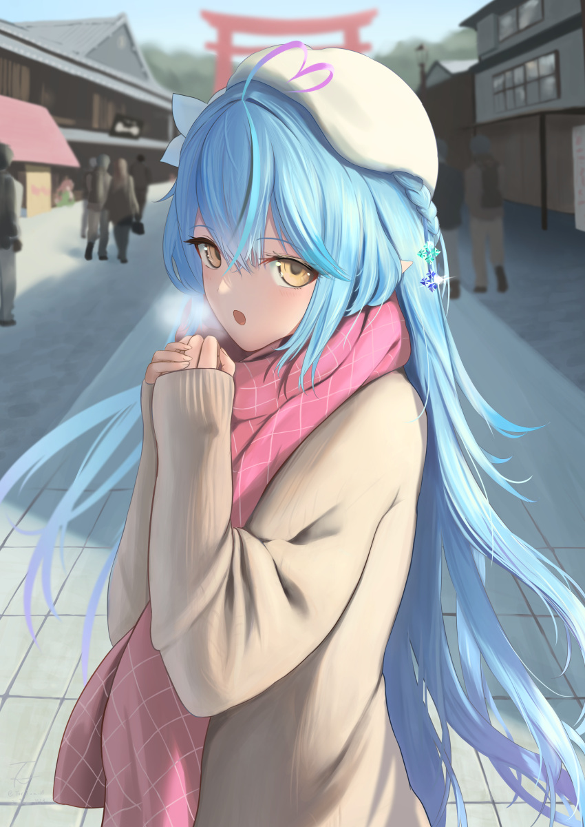 1girl, absurdres, ahoge, beret, blue_hair, blurry, blurry_background, braid