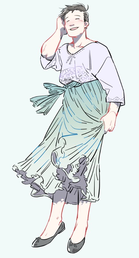 1boy, black_hair, blouse, crossdressing, dress_shoes, green_skirt, long_skirt, male_focus
