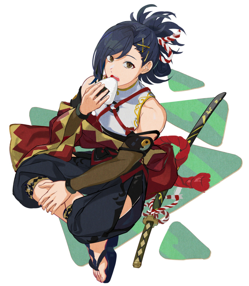 1boy, bare_shoulders, blue_hair, brown_eyes, eating, feet, fire_emblem, fire_emblem_engage