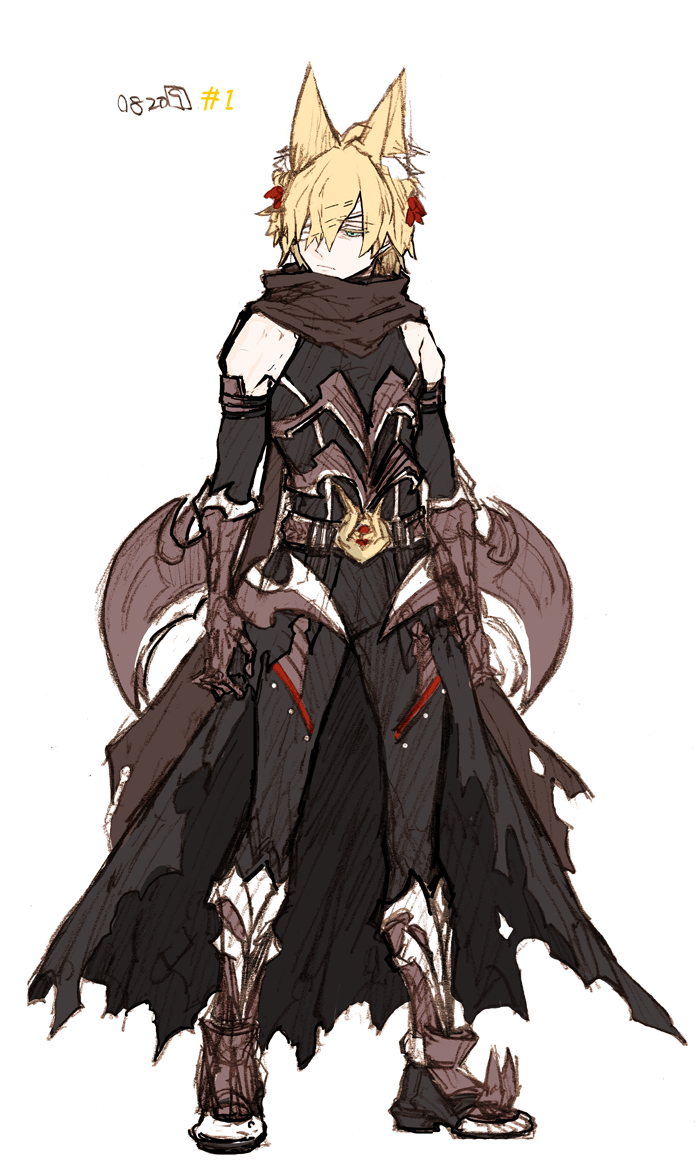 1boy, animal_ear_fluff, animal_ears, arm_blade, bandage_over_one_eye, bell, black_cape, black_gloves