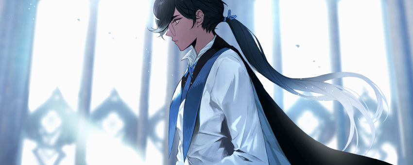 1boy, black_cape, black_hair, blue_ribbon, blurry, blurry_background, cape, closed_mouth