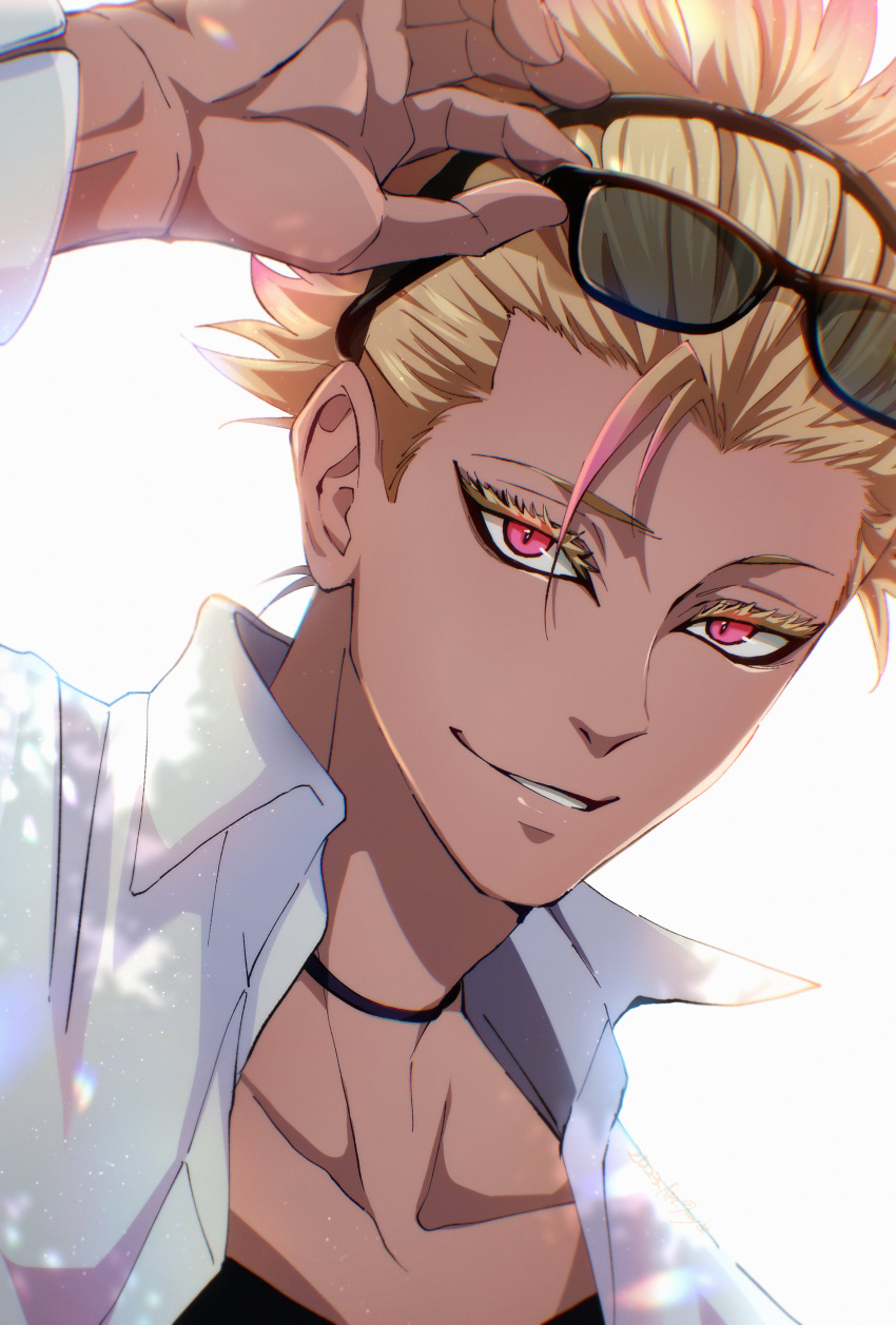 1boy, absurdres, adjusting_eyewear, blonde_hair, blue_lock, collarbone, collared_shirt, dark-skinned_male