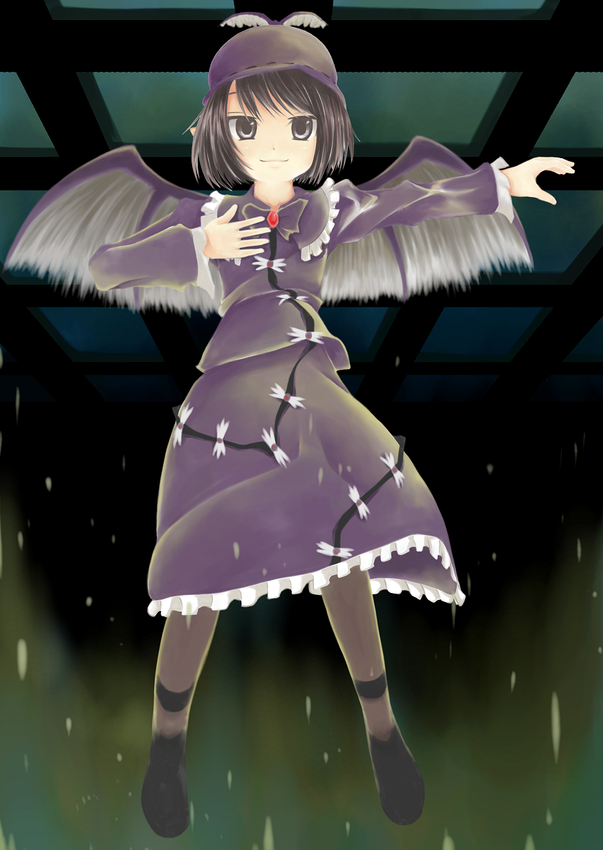 dress, floating, grey_eyes, hat, highres, kumaneko, mystia_lorelei, outstretched_hand