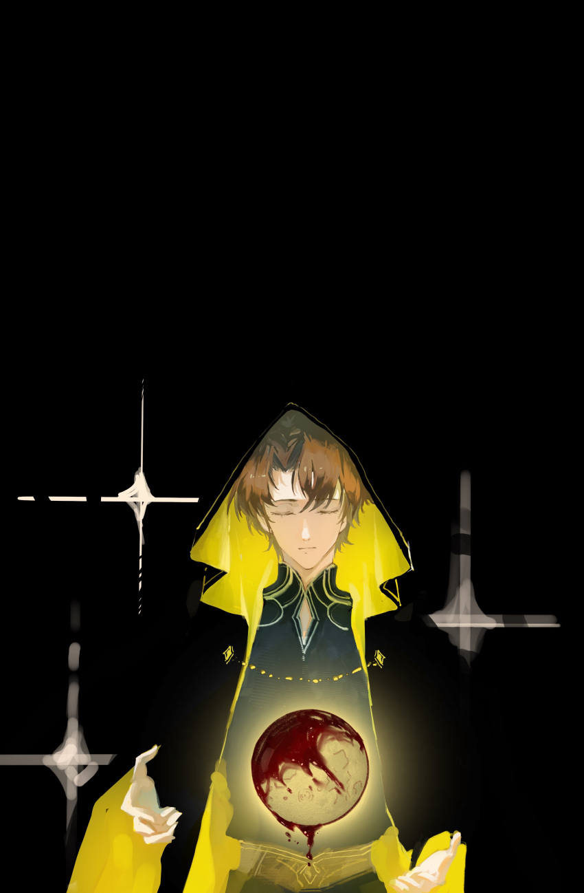 absurdres, arms_up, black_background, black_cloak, black_hair, black_robe, blood, chinese_commentary, cloak, closed_eyes, closed_mouth, commentary_request, dark, highres, hood, hooded_cloak, klein_moretti, lord_of_the_mysteries, robe, shaded_face, simple_background, star_(symbol), yangliu27653