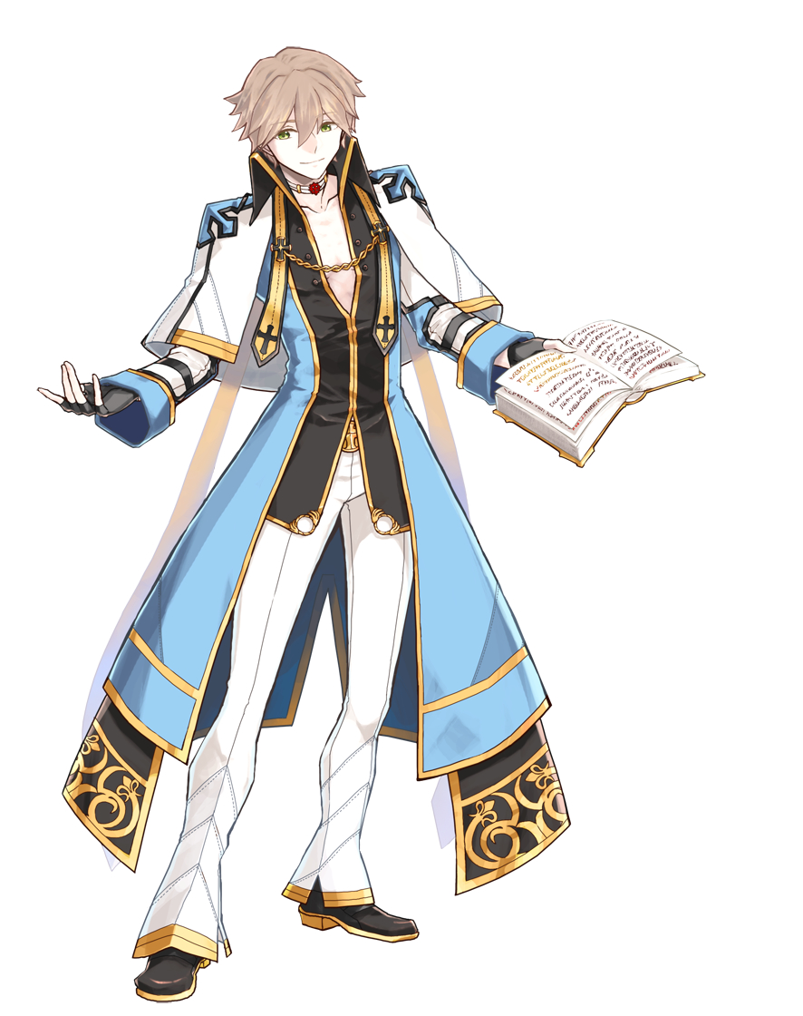 1boy, arch_bishop_(ragnarok_online), black_footwear, black_gloves, black_shirt, blue_coat, book, capelet