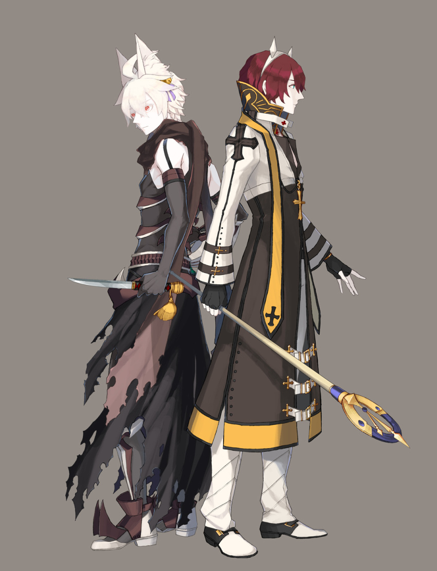 arch_bishop_(ragnarok_online), armored_boots, back-to-back, bell, black_cape, black_footwear, black_gloves, black_pants
