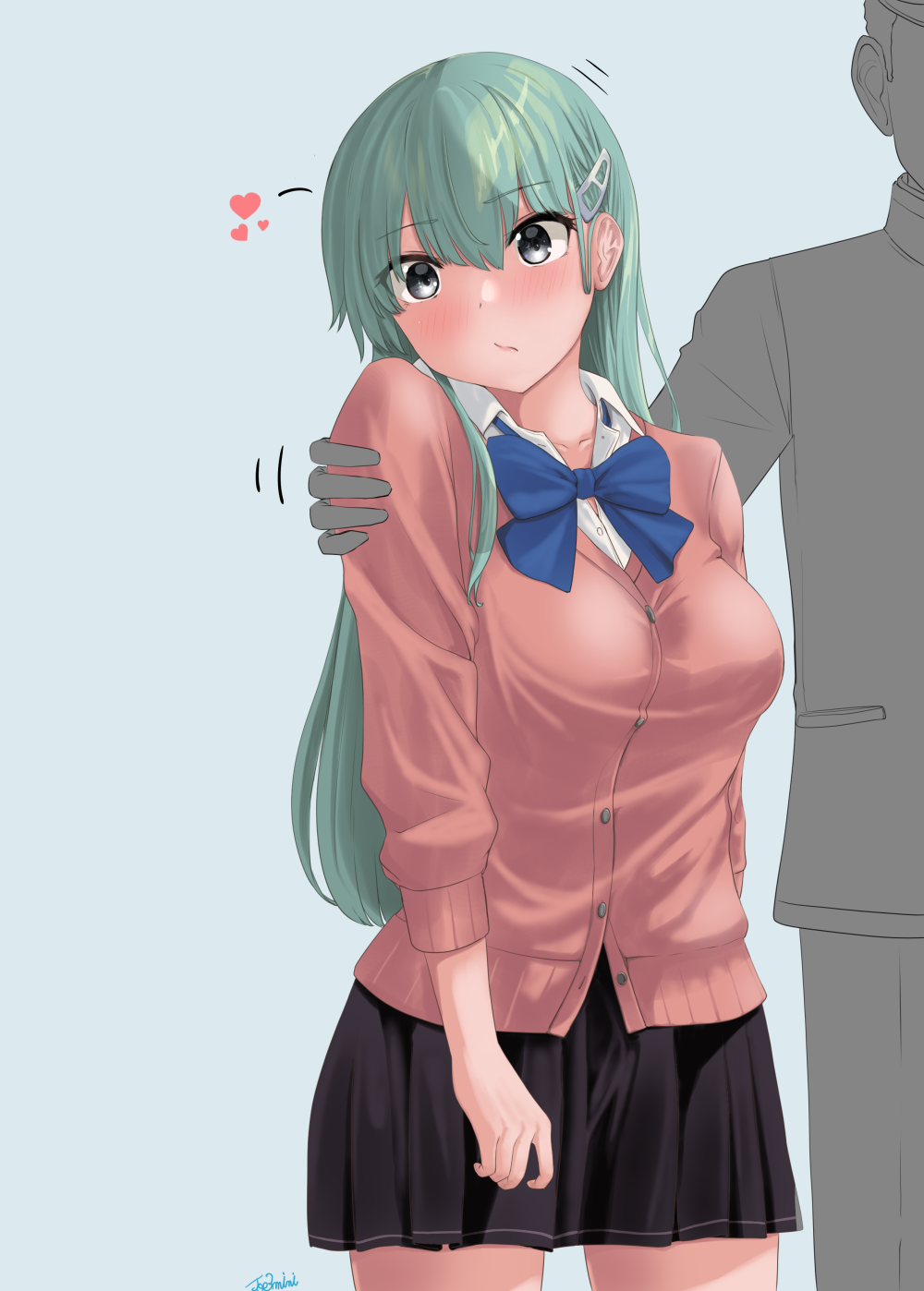 1boy, 1girl, admiral_(kancolle), aqua_hair, black_skirt, blush, buttons, cardigan, closed_mouth, collared_shirt, cowboy_shot, grey_eyes, hair_between_eyes, hair_ornament, hairclip, heart, highres, jouzaburou_(joe3), kantai_collection, long_hair, long_sleeves, motion_lines, pink_cardigan, pleated_skirt, shirt, signature, skirt, solo_focus, suzuya_(kancolle), white_shirt