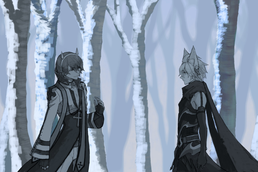 2boys, ahoge, animal_ears, arch_bishop_(ragnarok_online), bell, bow, cape, closed_mouth, commentary_request, cowboy_shot, cropped_jacket, cross, cross_necklace, elbow_gloves, expressionless, eyes_visible_through_hair, fake_horns, fingerless_gloves, forest, fox_ears, gloves, guillotine_cross_(ragnarok_online), hair_bell, hair_between_eyes, hair_bow, hair_ornament, hairband, horns, jewelry, jingle_bell, kusabi_(aighe), limited_palette, long_bangs, long_sleeves, looking_at_another, male_focus, multiple_boys, nature, necklace, official_alternate_costume, pants, ragnarok_online, shirt, short_hair, sleeveless, sleeveless_shirt, smile, snow, torn_cape, torn_clothes, tree, waist_cape