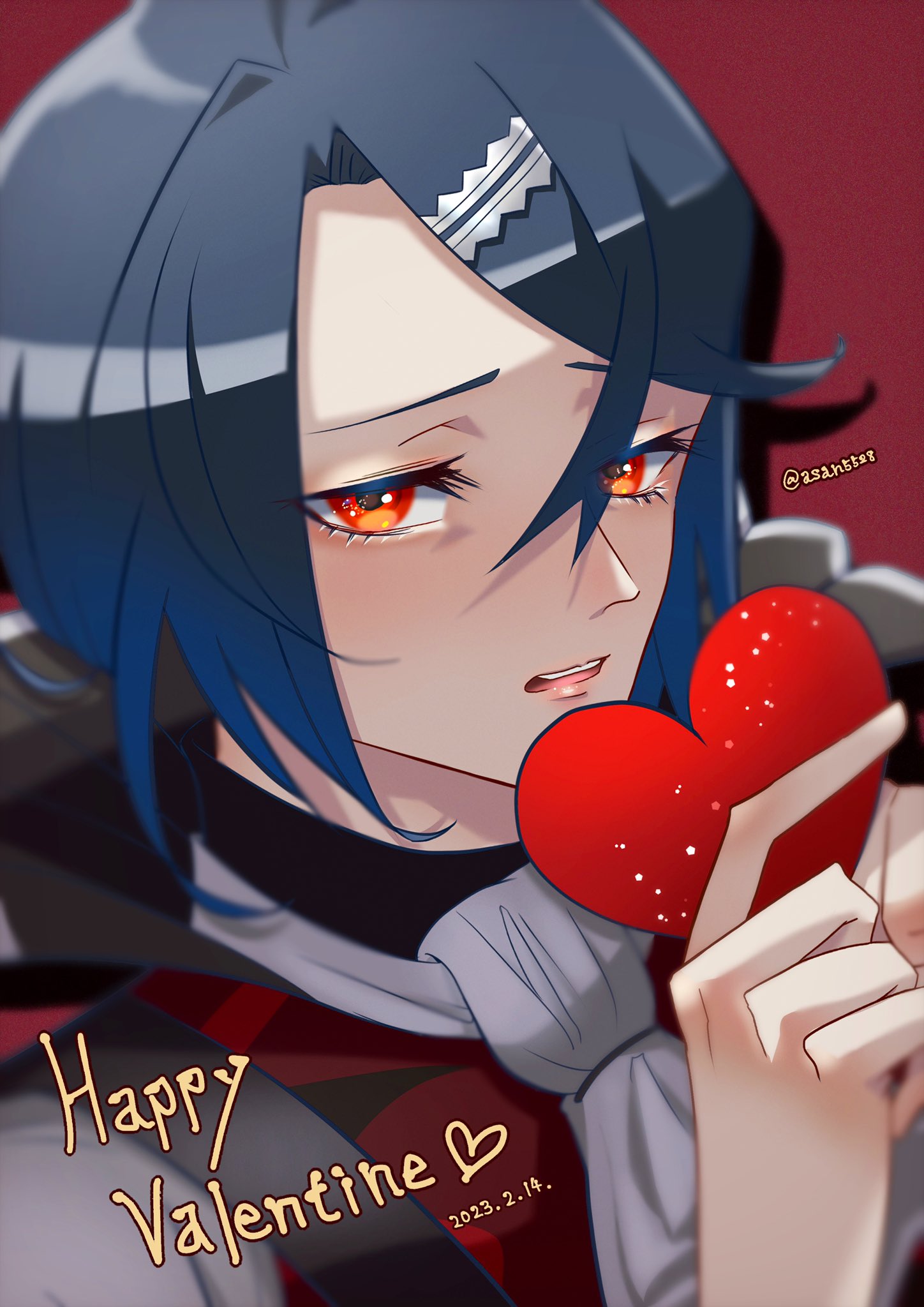 1boy, alcryst_(fire_emblem), asan5528, ascot, blue_hair, fire_emblem, fire_emblem_engage, hair_between_eyes, hair_ornament, hairclip, heart, highres, holding, looking_at_viewer, male_focus, red_background, red_eyes, short_hair, solo, valentine, white_ascot