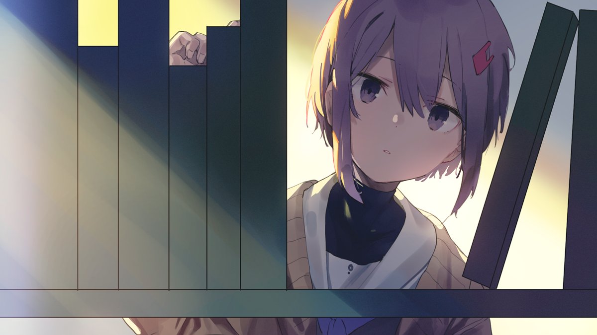 1girl, a.i._voice, black_undershirt, book, bookshelf, bookshelf_pov, brown_cardigan, cardigan