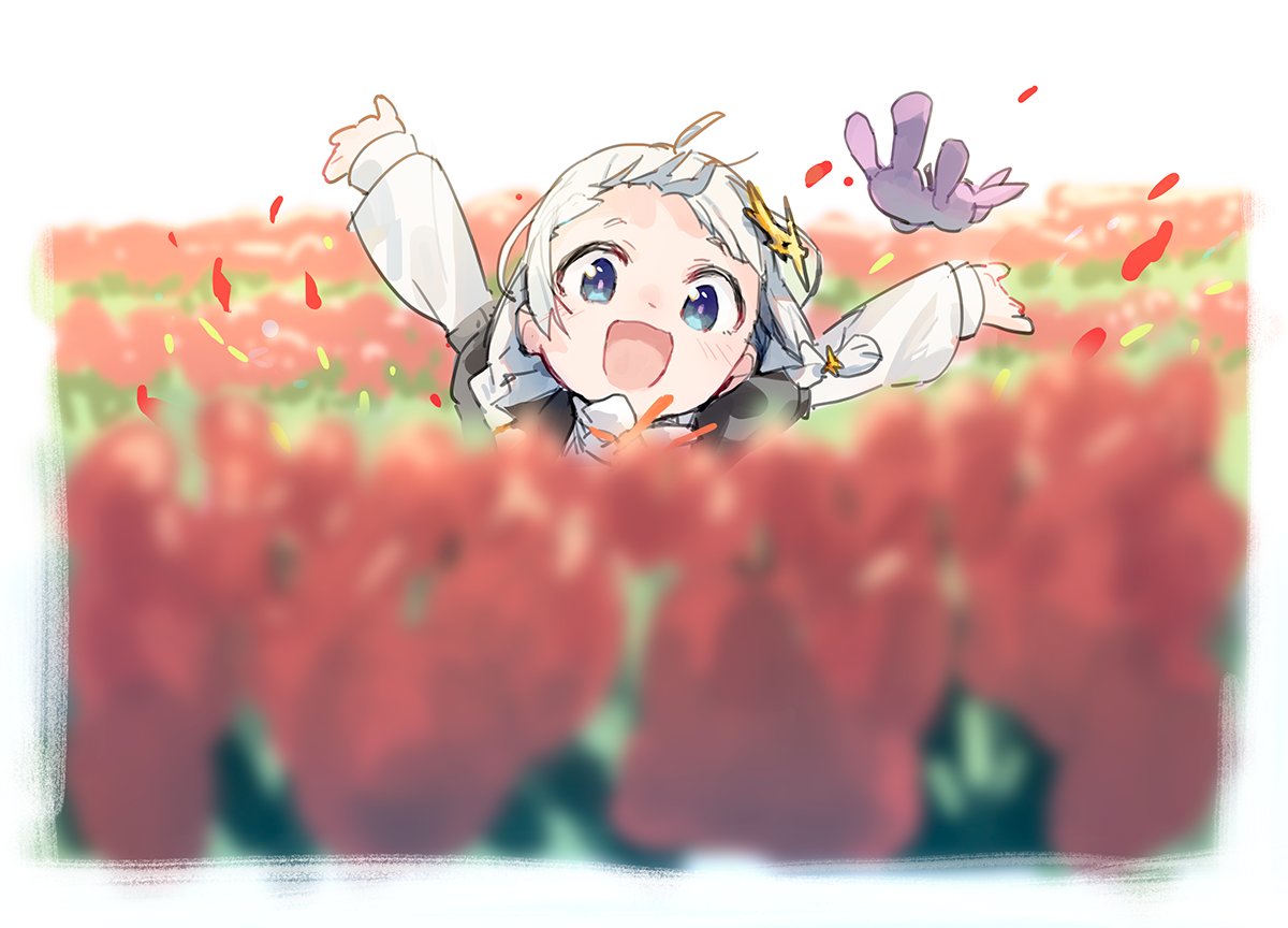 1girl, a.i._voice, ahoge, arms_up, black_dress, blue_eyes, blurry, blurry_foreground, border, braid, collared_shirt, commentary, dress, field, floating_hair, flower, flower_field, forehead, hitogome, kizuna_akari, kizuna_akari_(moe), layered_sleeves, light_blush, long_sleeves, looking_at_viewer, low_twin_braids, medium_hair, neck_ribbon, open_mouth, orange_ribbon, petals, puffy_short_sleeves, puffy_sleeves, red_flower, ribbon, shirt, short_eyebrows, short_over_long_sleeves, short_sleeves, smile, solo, sparkle_hair_ornament, symbol-only_commentary, twin_braids, voiceroid, white_background, white_border, white_shirt