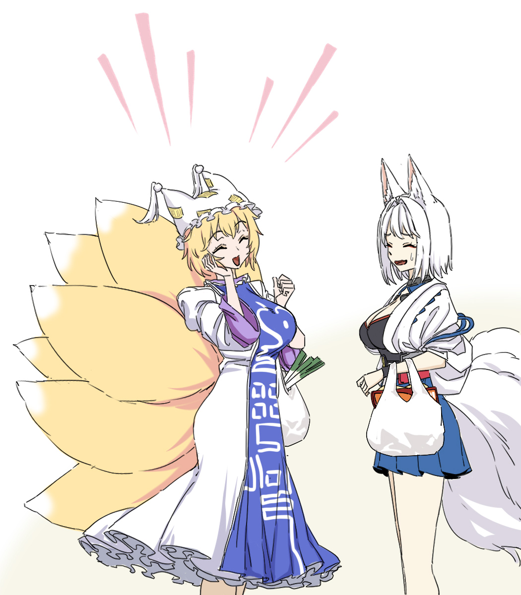 2girls, animal_ears, azur_lane, bag, blonde_hair, blue_skirt, bob_cut, breasts