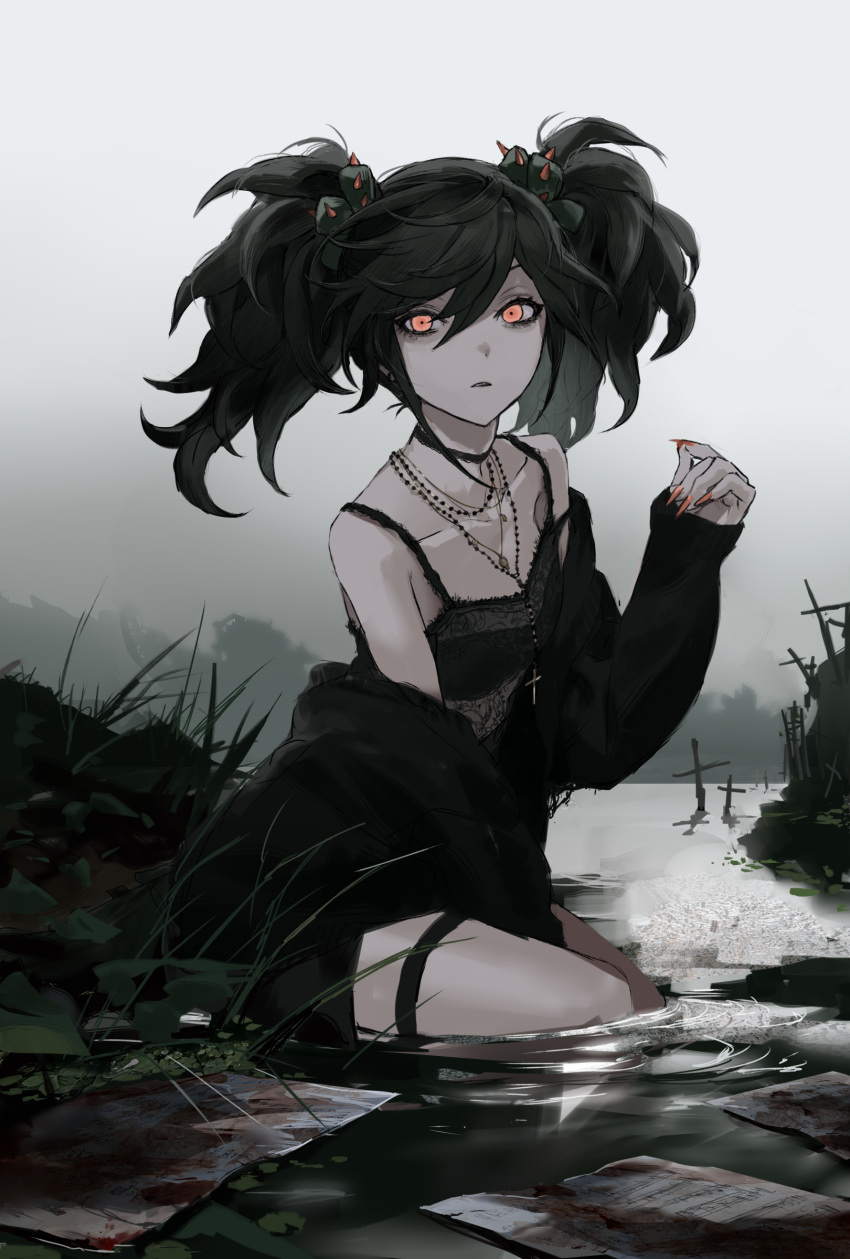 1girl, absurdres, black_cardigan, black_choker, black_hair, blood, blood_stain, bra, breasts, cardigan, choker, collarbone, cross, cross_necklace, eyeliner, fog, glowing, glowing_eyes, gothic, grass, hairband, highres, jewelry, lktt, long_hair, looking_at_viewer, makeup, mascara, necklace, orange_eyes, orange_nails, original, pale_skin, paper, partially_submerged, see-through, see-through_shirt, sitting, small_breasts, solo, spiked_hairband, spikes, thigh_strap, twintails, underwear, water