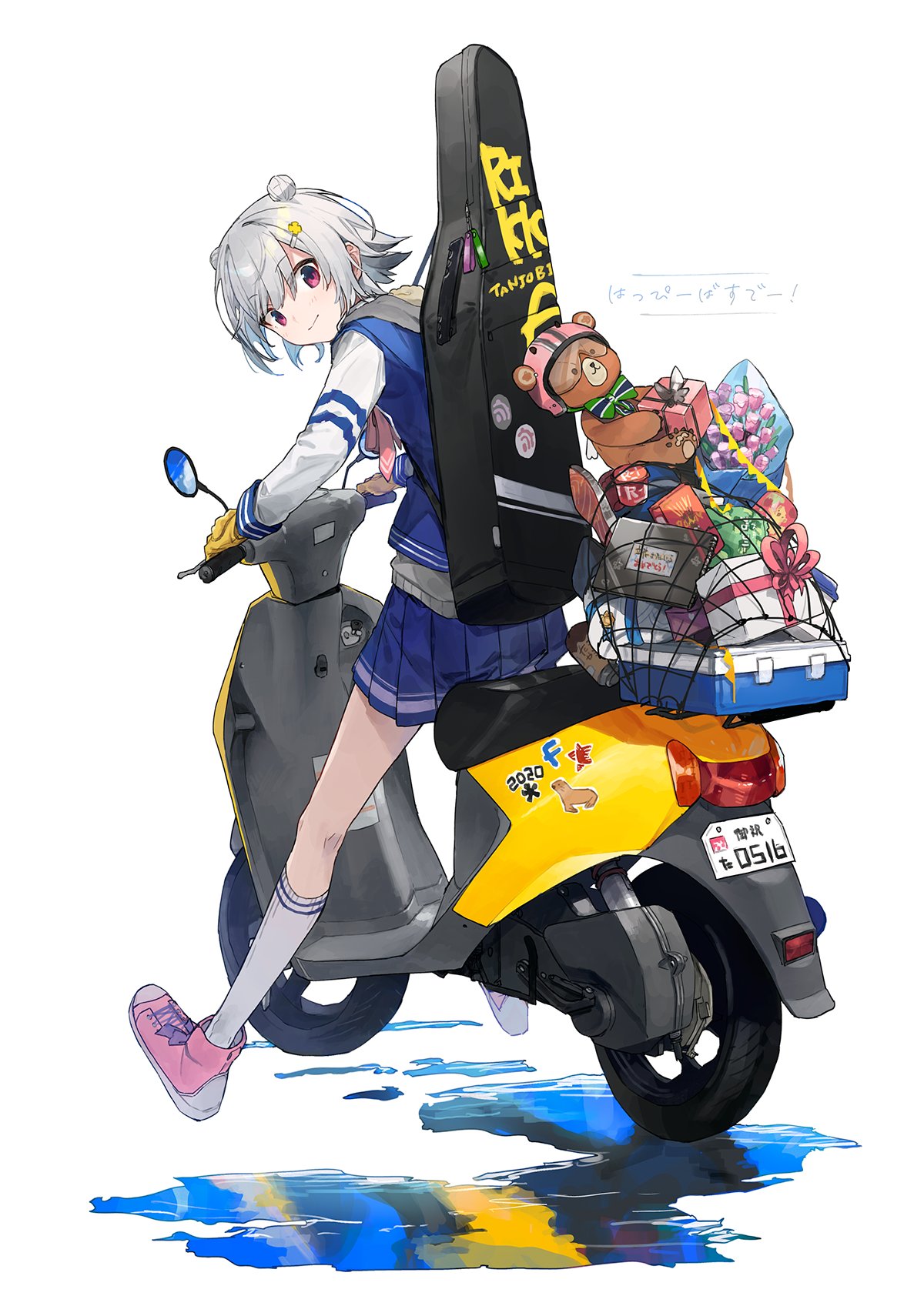 1girl, blue_jacket, blue_skirt, bouquet, bow, bowtie, can, cevio