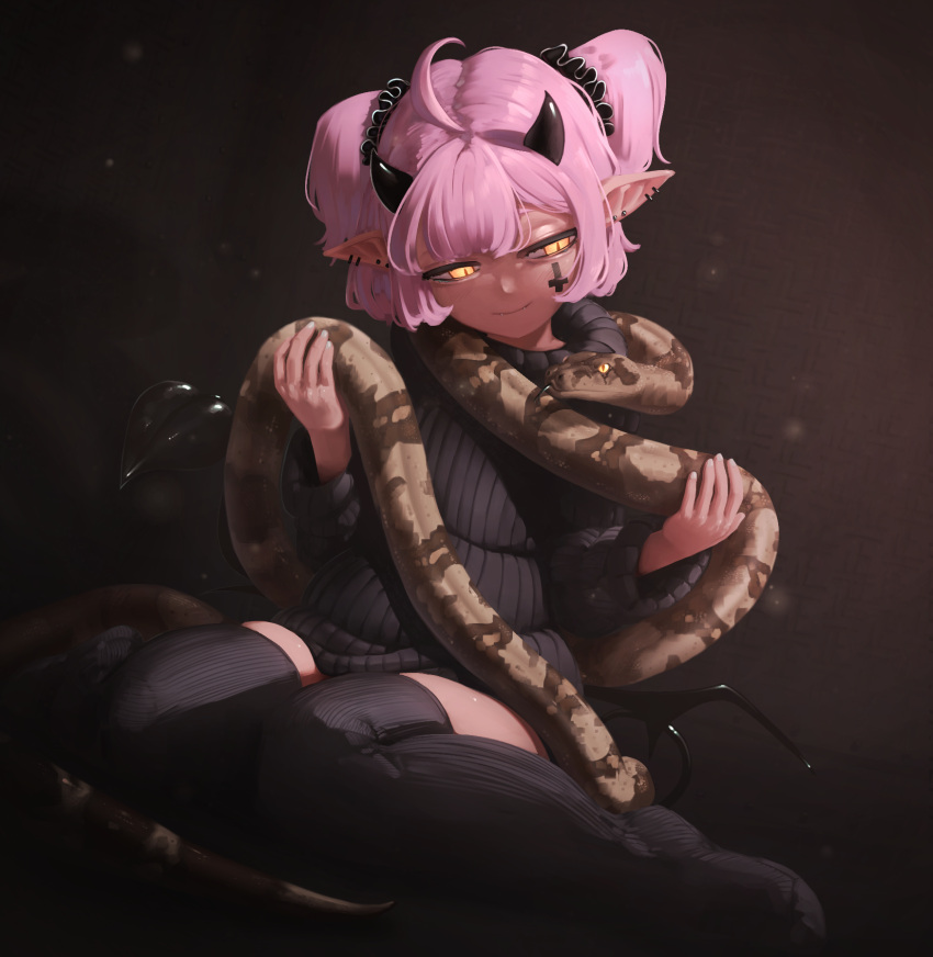 1girl, ahoge, black_horns, black_sweater, black_thighhighs, black_wings, commentary, cross, dark_background, demon_girl, demon_wings, ear_piercing, english_commentary, facial_mark, hair_ornament, hair_scrunchie, highres, horns, inverted_cross, itsukarine, light_particles, low_wings, no_shoes, original, piercing, pink_hair, pointy_ears, scrunchie, short_hair, sitting, slit_pupils, smile, snake, solo, sweater, thigh-highs, thighs, turtleneck, turtleneck_sweater, two_side_up, wariza, wings, yellow_eyes