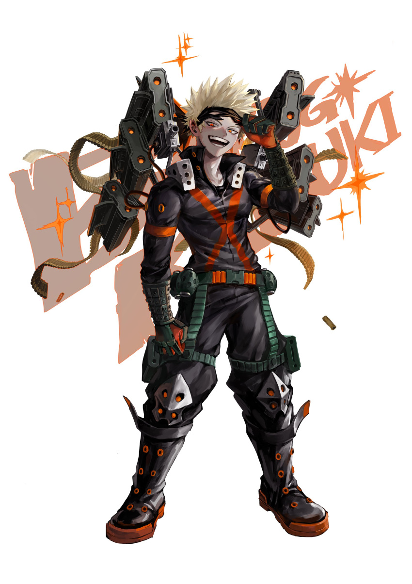 1boy, absurdres, alternate_eye_color, ammunition_belt, arm_at_side, arm_up, baggy_pants, bakugou_katsuki