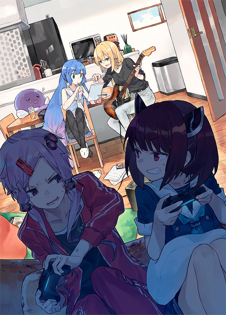 4girls, ahoge, alternate_costume, anger_vein, animal_slippers, antenna_hair, bangs_pinned_back, beads