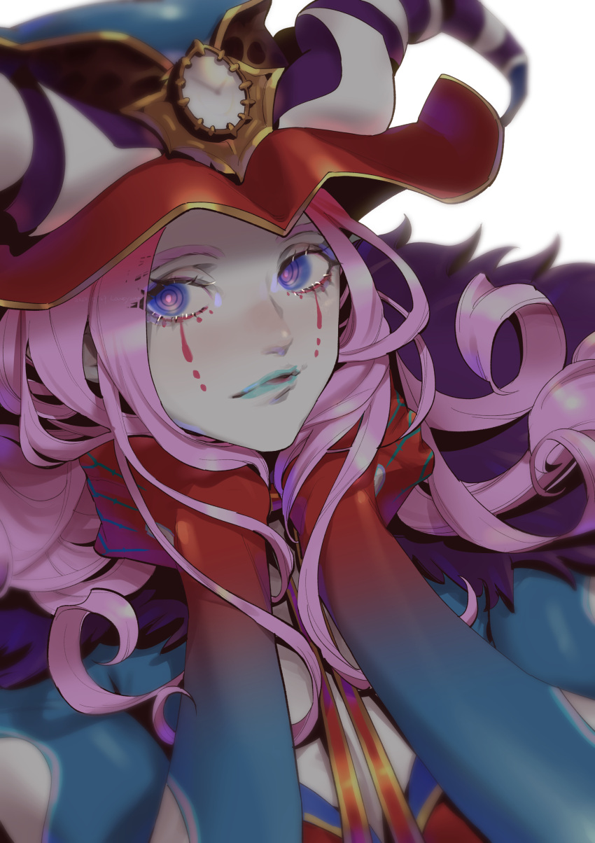 1boy, absurdres, blue_eyes, blue_lips, cape, clown, colored_skin, curly_hair
