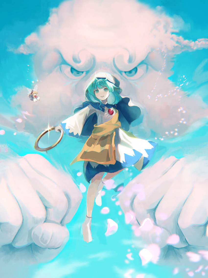 1boy, 2girls, absurdres, amedama_ameme, blonde_hair, blue_eyes, blue_hair, dress, fairy, fairy_wings, hat, highres, holding, hood, hood_up, jewelry, kesa, kumoi_ichirin, lily_white, long_hair, long_sleeves, medium_hair, multiple_girls, open_mouth, petals, ring, smile, touhou, unzan, white_dress, white_footwear, white_headwear, wide_sleeves, wings