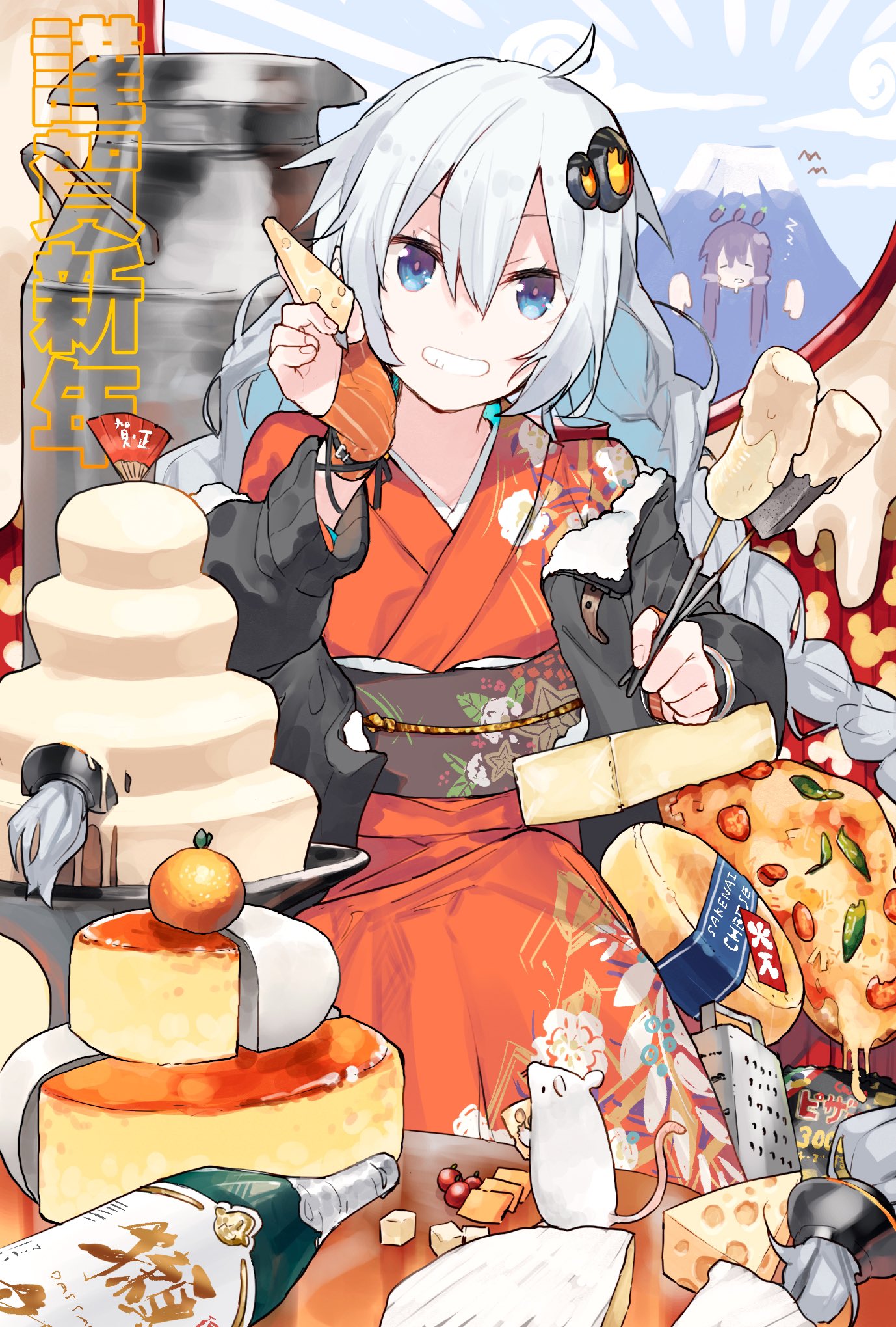 2girls, ahoge, alternate_costume, black_jacket, blue_eyes, bomber_jacket, bracelet, braid, champagne_bottle, cheese, cheese_wheel, commentary, english_text, feet_out_of_frame, fingerless_gloves, floral_print, fondue_au_fromage, food, food_request, fruit, fur-trimmed_jacket, fur_trim, gloves, grin, hair_ornament, hand_up, hatsuyume, head_tilt, highres, hitogome, holding, holding_food, holding_stick, jacket, jacket_partially_removed, japanese_clothes, jewelry, kimono, kizuna_akari, long_hair, long_sleeves, looking_at_viewer, mandarin_orange, melting, milk_churn, mount_fuji, mouse, multiple_girls, new_year, obi, obijime, orange_gloves, orange_kimono, pizza, print_kimono, purple_hair, sash, sitting, smile, solo_focus, stick, striped, striped_gloves, table, twin_braids, vertical-striped_gloves, vertical_stripes, very_long_hair, vocaloid, voiceroid, white_hair, window, wrist_belt, yuzuki_yukari, zzz