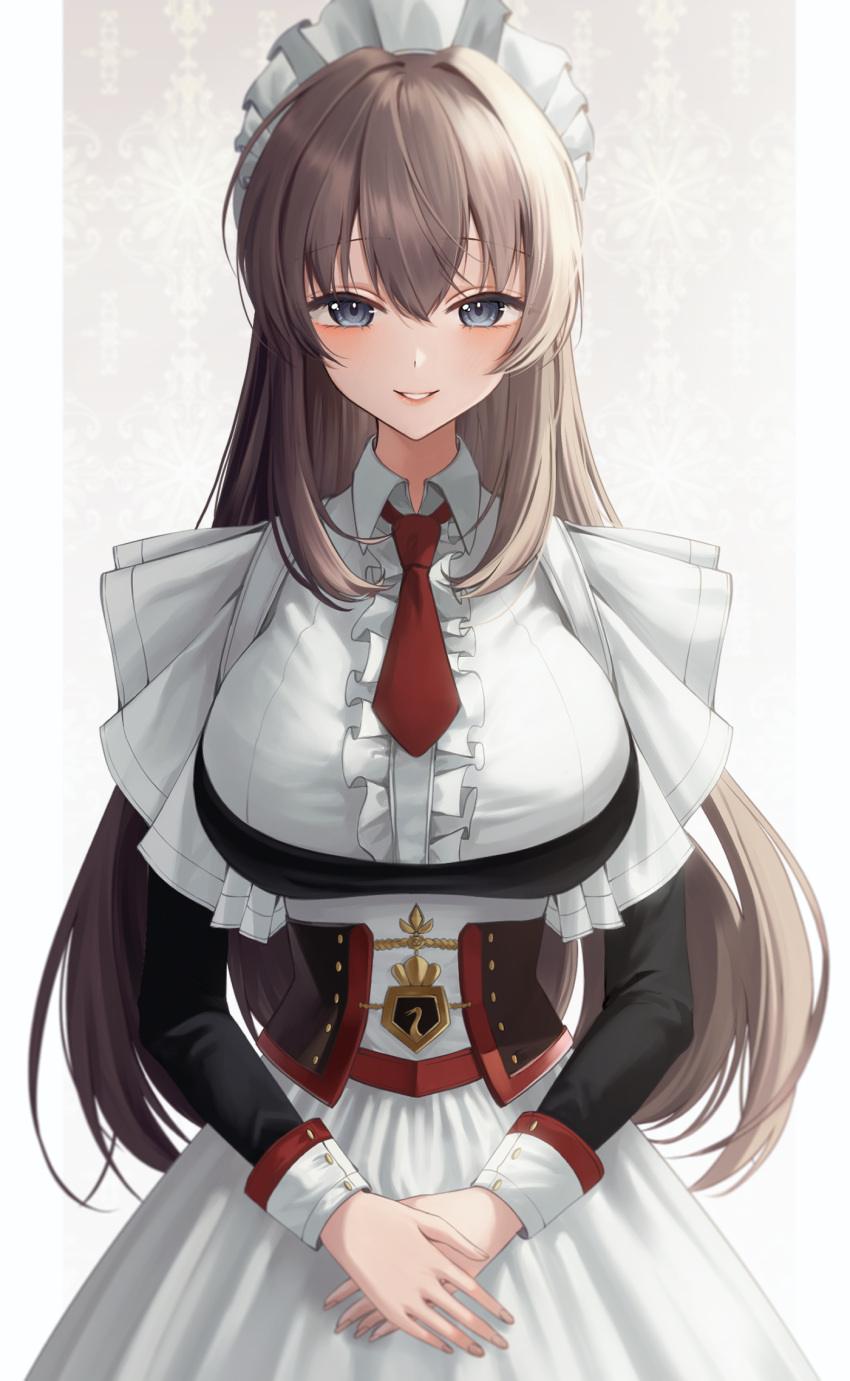 1girl, apron, azur_lane, blue_eyes, brown_hair, center_frills, corset, cowboy_shot