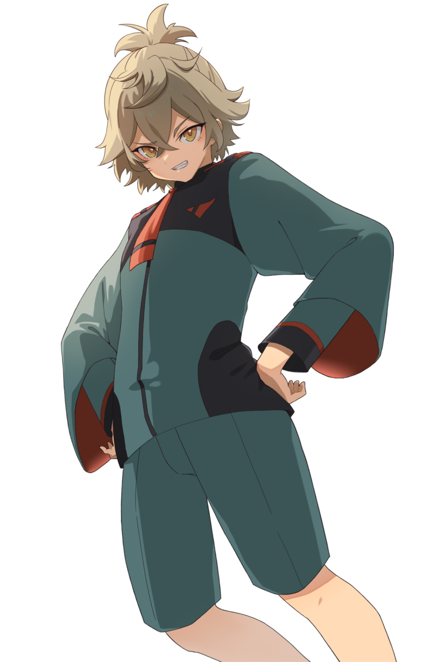 1girl, ao-tombo, asticassia_school_uniform, brown_eyes, brown_hair, crossed_bangs, felsi_rollo, green_jacket