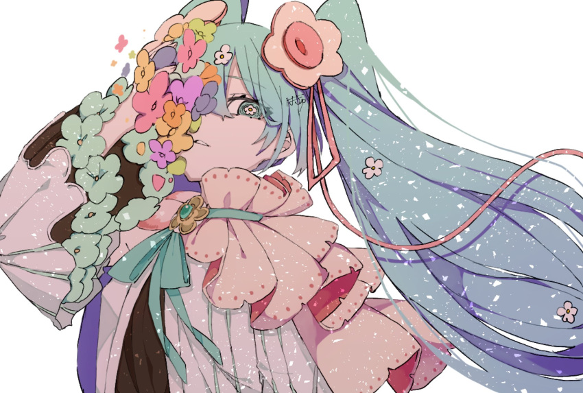1girl, aqua_eyes, aqua_flower, aqua_hair, aqua_ribbon, black_shirt, bright_pupils, choker