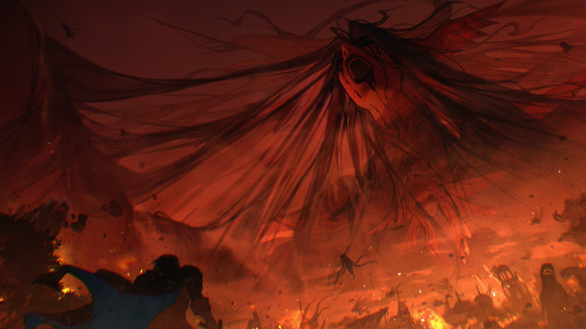 1boy, 1girl, adventurer_(ff14), apocalypse, black_hair, black_lips, black_sclera, black_tears