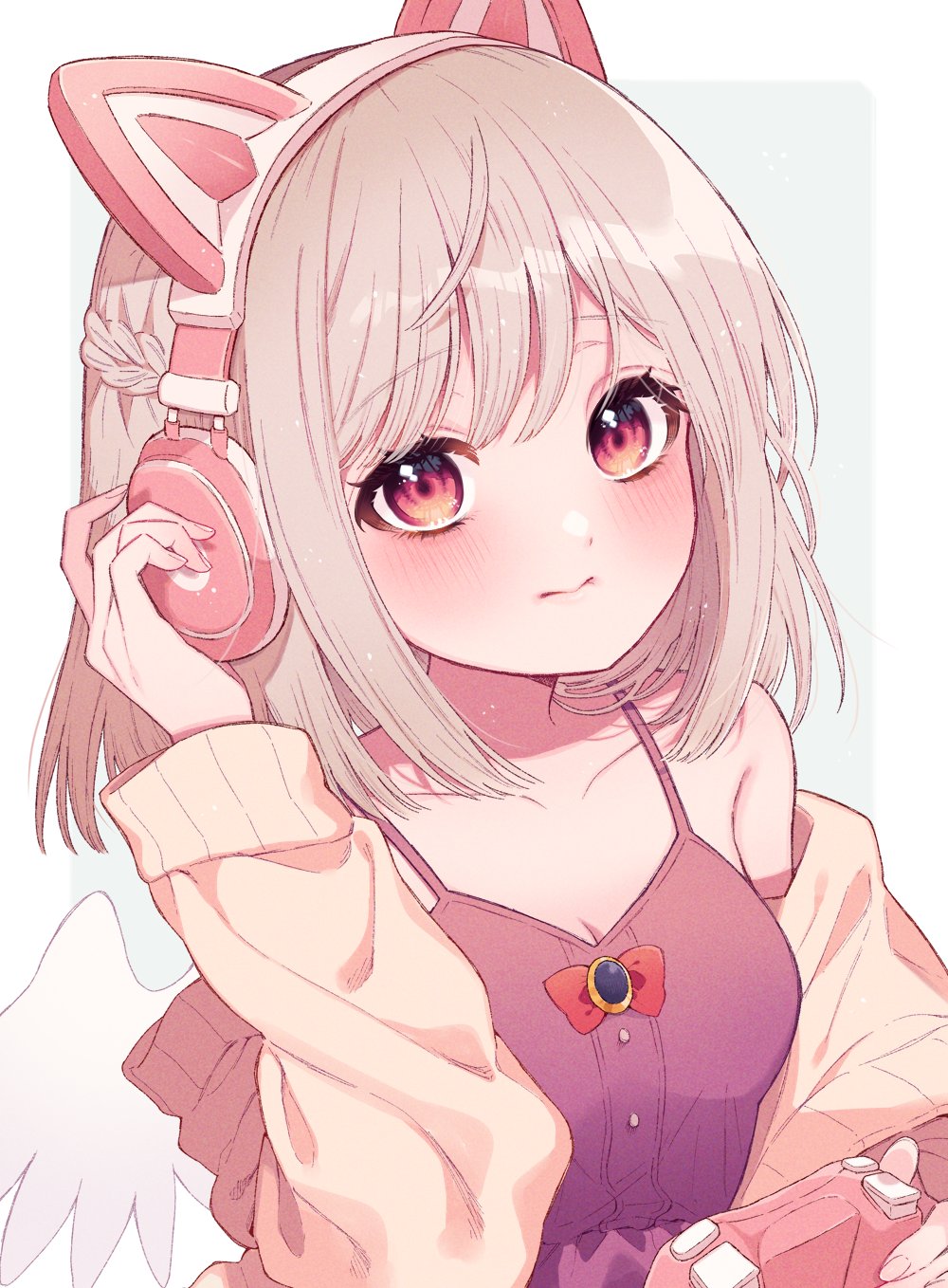 1girl, adapted_costume, animal_ear_headphones, animal_ears, bare_shoulders, blonde_hair, cardigan, cat_ear_headphones