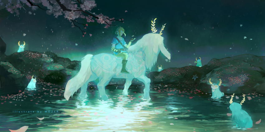 1boy, absurdres, blue_tunic, blupee, boots, brown_pants, cherry_blossoms, highres