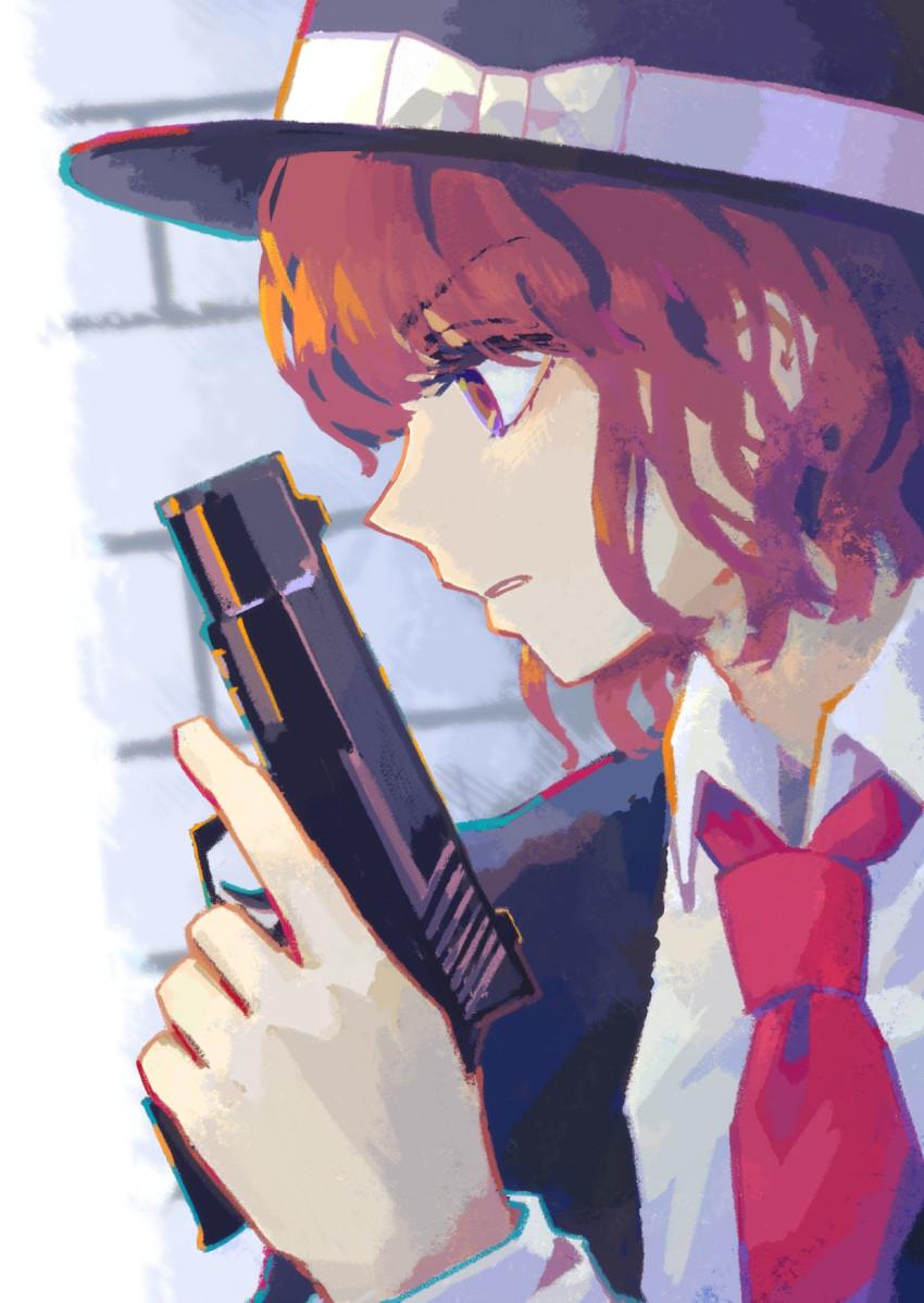 1girl, bow, brick_wall, brown_eyes, brown_hair, close-up, collared_shirt, formal, frown, glock, gun, handgun, hat, hat_bow, highres, holding, holding_gun, holding_weapon, necktie, parted_lips, profile, red_necktie, shirt, solo, suit, touhou, upper_body, usami_renko, wasabisuke, weapon, white_bow