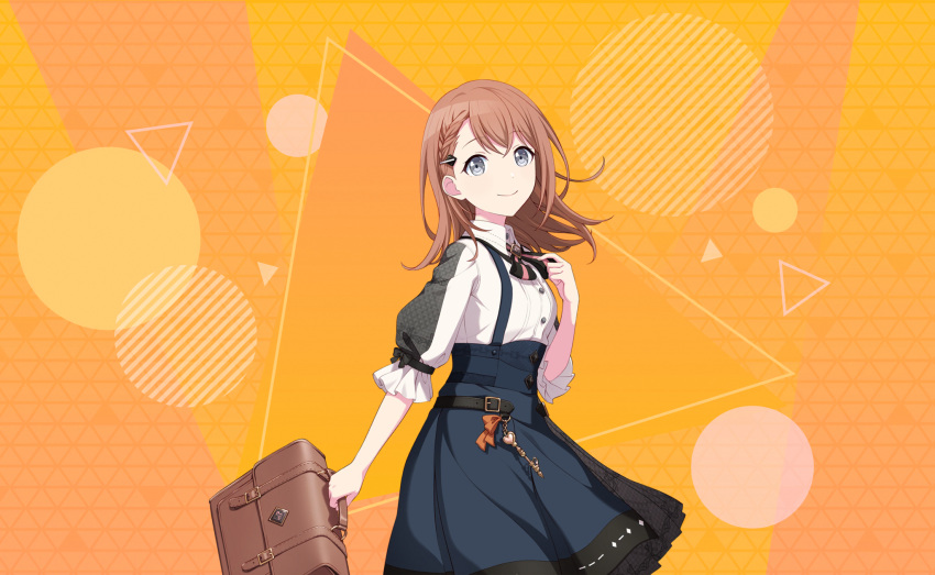 1girl, adjusting_neck_ribbon, arm_at_side, bag, belt, black_belt, black_ribbon, braid