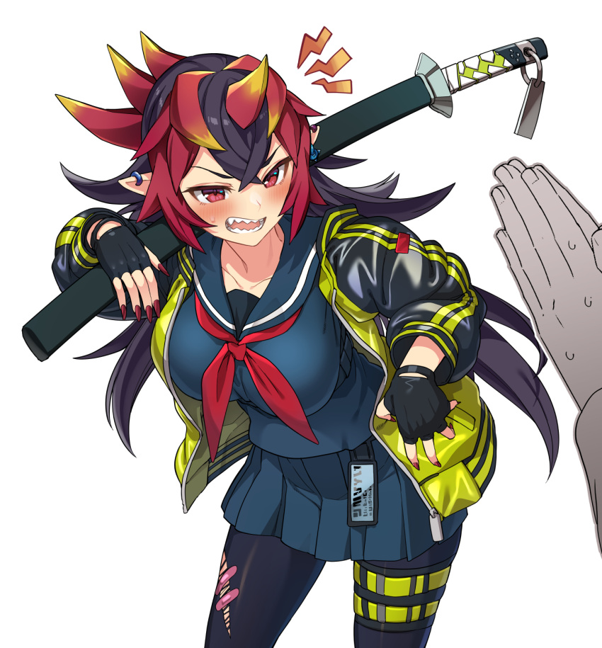 1girl, 1other, black_hair, blush, breasts, check_commentary, commentary, commentary_request, delinquent, duel_monster, ear_piercing, fingerless_gloves, gloves, highres, holding, holding_sword, holding_weapon, horns, jacket, katana, kiriban_(yu-gi-oh!), large_breasts, leaning_forward, long_hair, messy_hair, multicolored_hair, oni, oni_horns, piercing, pointy_ears, praying, red_eyes, redhead, school_uniform, sharp_teeth, solo_focus, sukeban, sword, teeth, thigh-highs, torn_clothes, torn_thighhighs, tsukinami_kousuke, very_long_hair, weapon, yellow_jacket, yu-gi-oh!