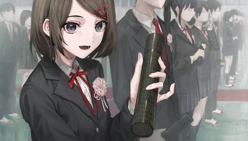 black_eyes, black_jacket, black_skirt, black_socks, collared_shirt, commentary_request, formal, graduation