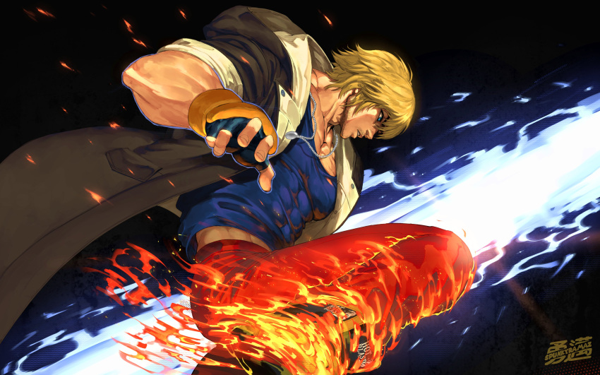 1boy, absurdres, artist_name, black_coat, black_gloves, blonde_hair, blue_eyes, blue_tank_top
