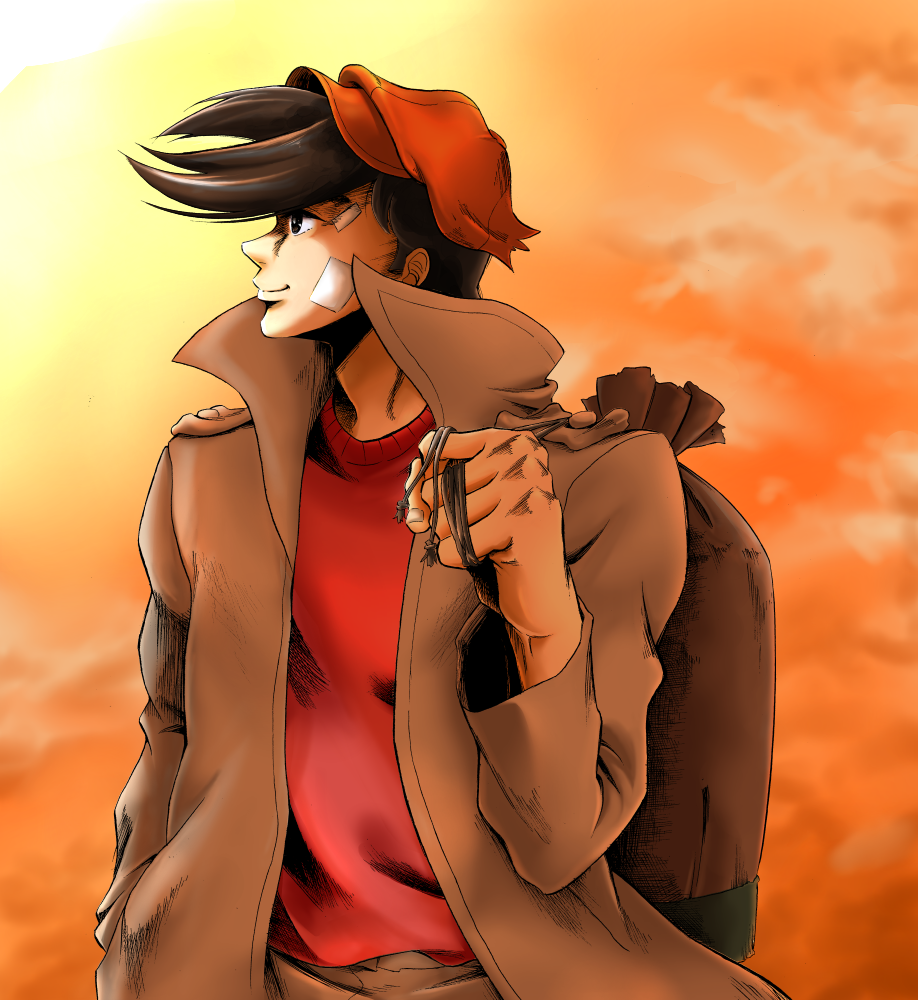 1boy, ashita_no_joe, bag, bandage_on_face, bandages, black_hair, brown_coat, coat
