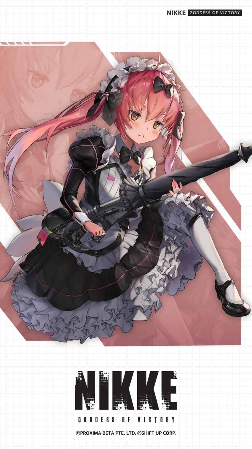 1girl, :<, artist_request, cocoa_(nikke), commentary_request, copyright_name, dress, frilled_dress