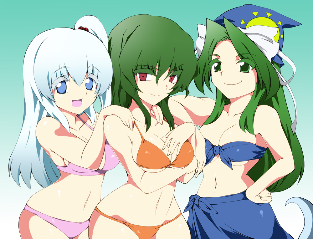 bikini_skirt, blue_bikini, breasts, colored_eyelashes, eyelashes, fuantei, ghost_tail, green_hair, hands_on_shoulders, hat, kazami_yuuka, large_breasts, mima, orange_bikini, pink_bikini, shinki, silver_hair, smile, swimsuit, touhou, wizard_hat