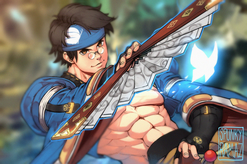 1boy, abs, artist_name, black_gloves, black_hair, blue_headband, blurry, blurry_background