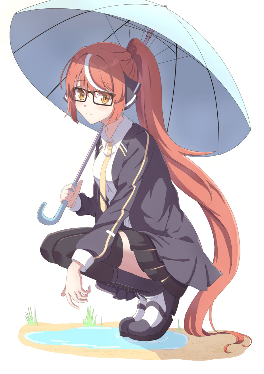 1girl, black-framed_eyewear, black_footwear, black_jacket, black_ribbon, black_skirt, black_thighhighs, blue_umbrella