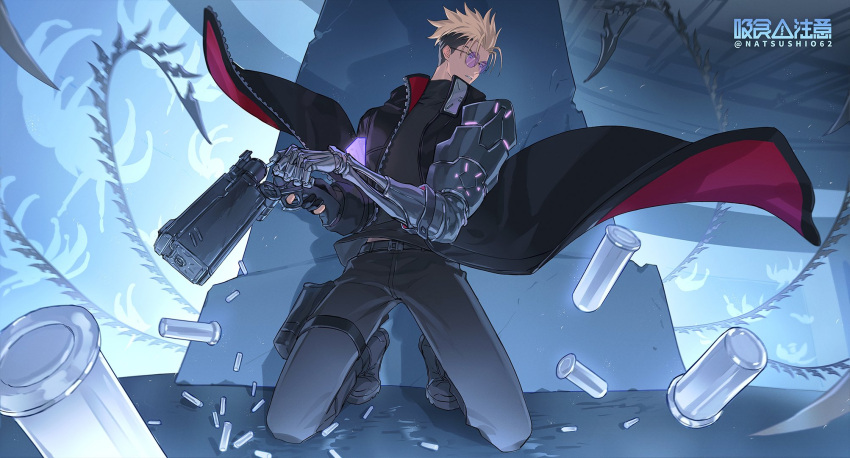 1boy, black_coat, black_footwear, black_pants, black_shirt, blonde_hair, blue_eyes, coat