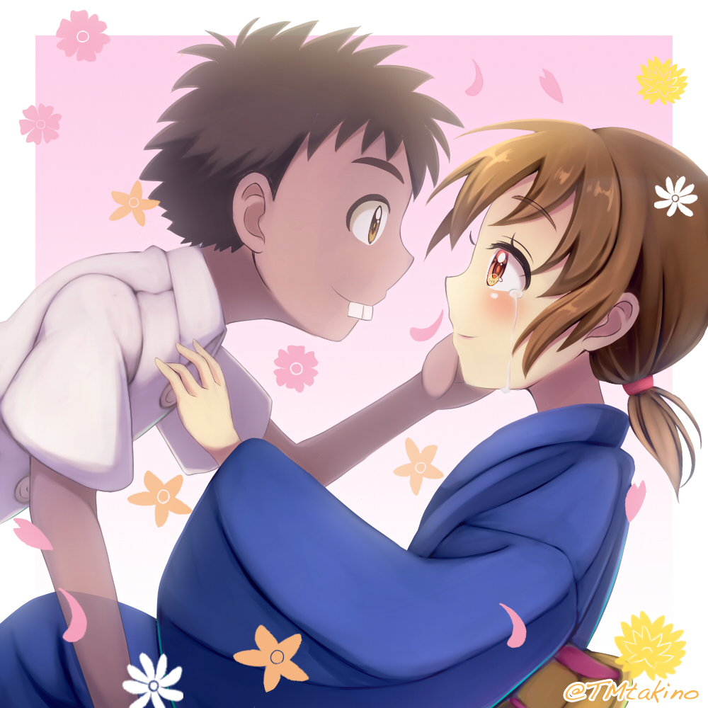 1boy, 1girl, artist_name, black_hair, blue_kimono, brown_eyes, brown_hair, buck_teeth