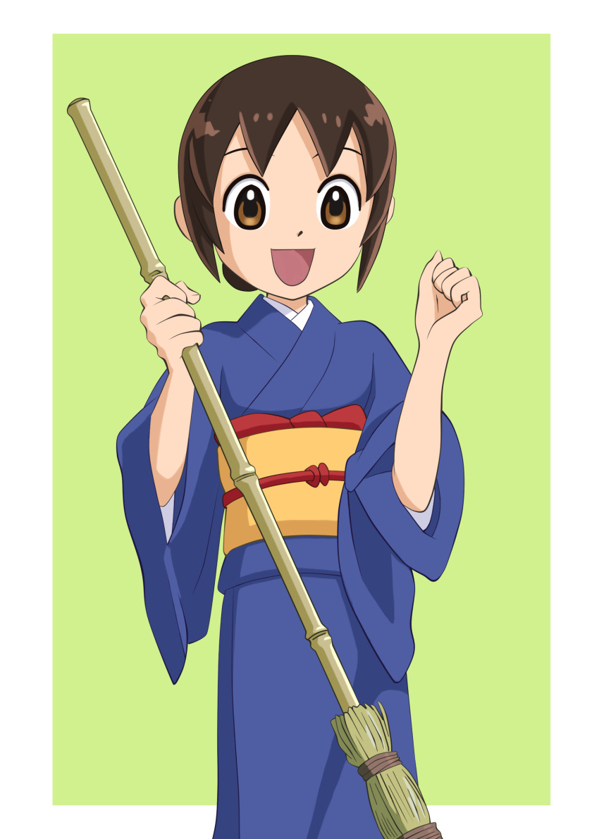 1girl, :d, akiishiguma, blue_kimono, broom, brown_eyes, brown_hair, child