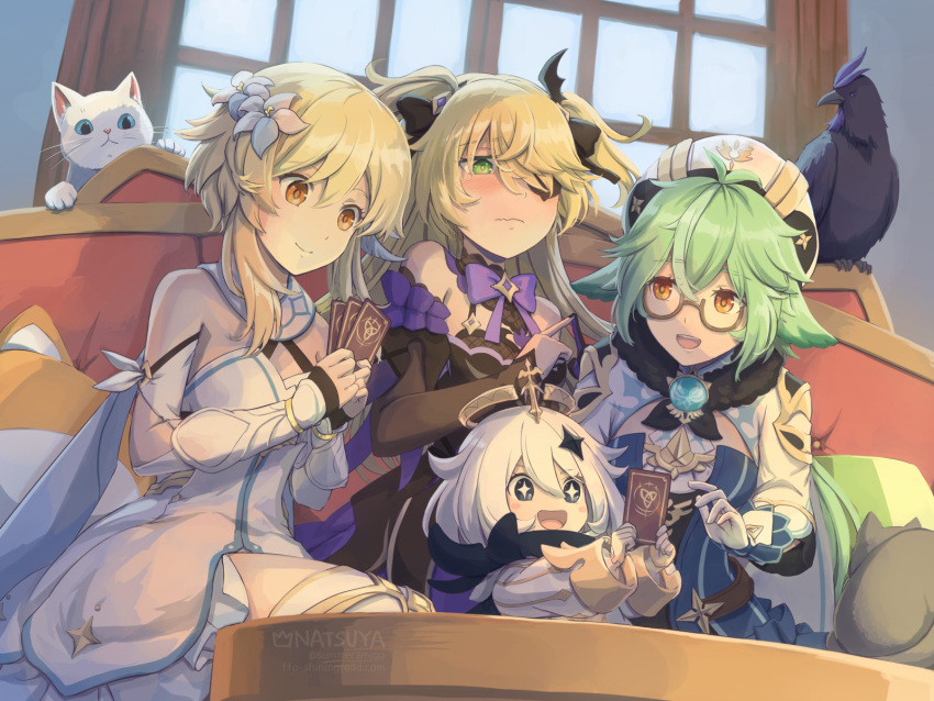 animal_ears, bare_shoulders, bat_ornament, bird, black_ribbon, black_scarf, blonde_hair, blue_eyes