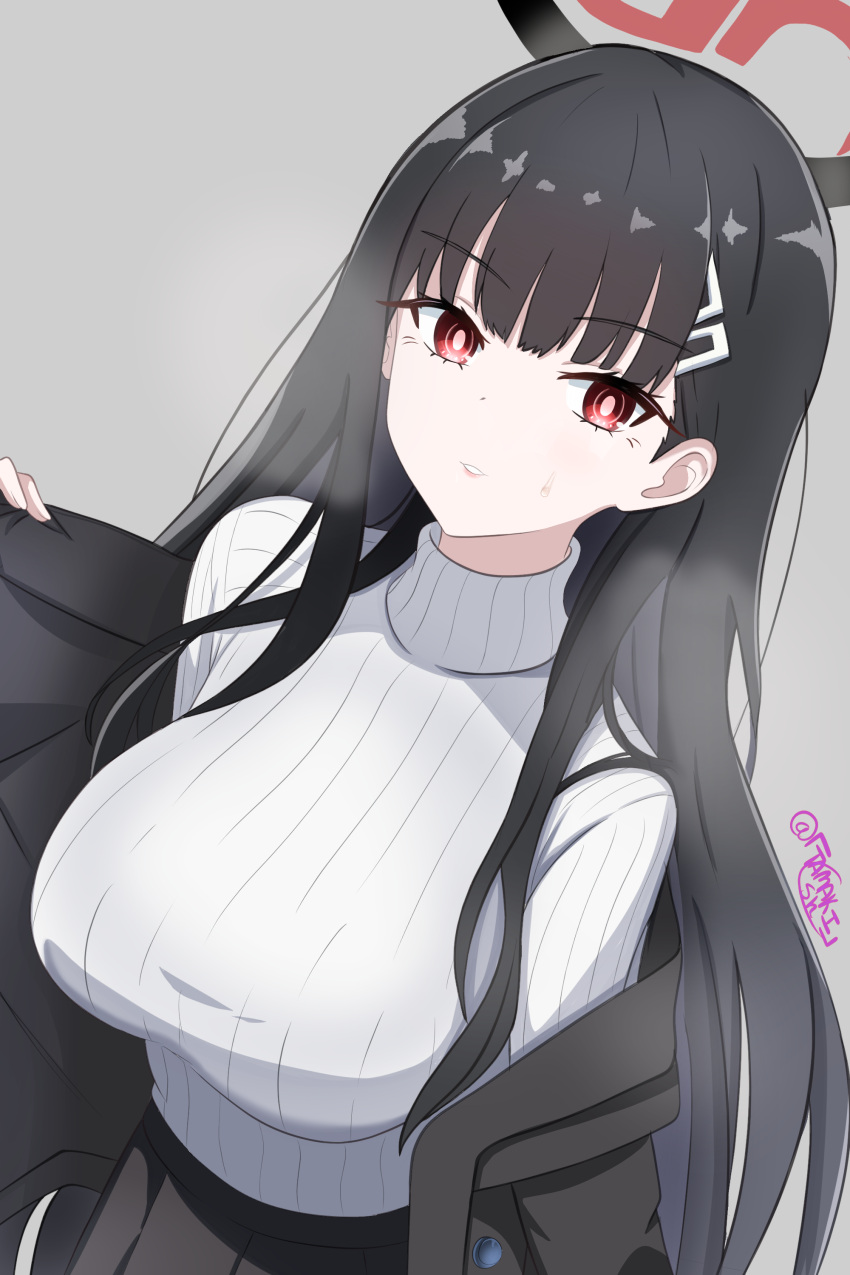 1girl, absurdres, black_hair, blue_archive, blunt_bangs, breasts, hair_ornament, hairclip, halo, highres, jacket, large_breasts, long_hair, long_sleeves, looking_at_viewer, red_eyes, ribbed_sweater, rio_(blue_archive), solo, sweater, tamaki_(tamaki-sh), turtleneck, turtleneck_sweater, upper_body, white_sweater
