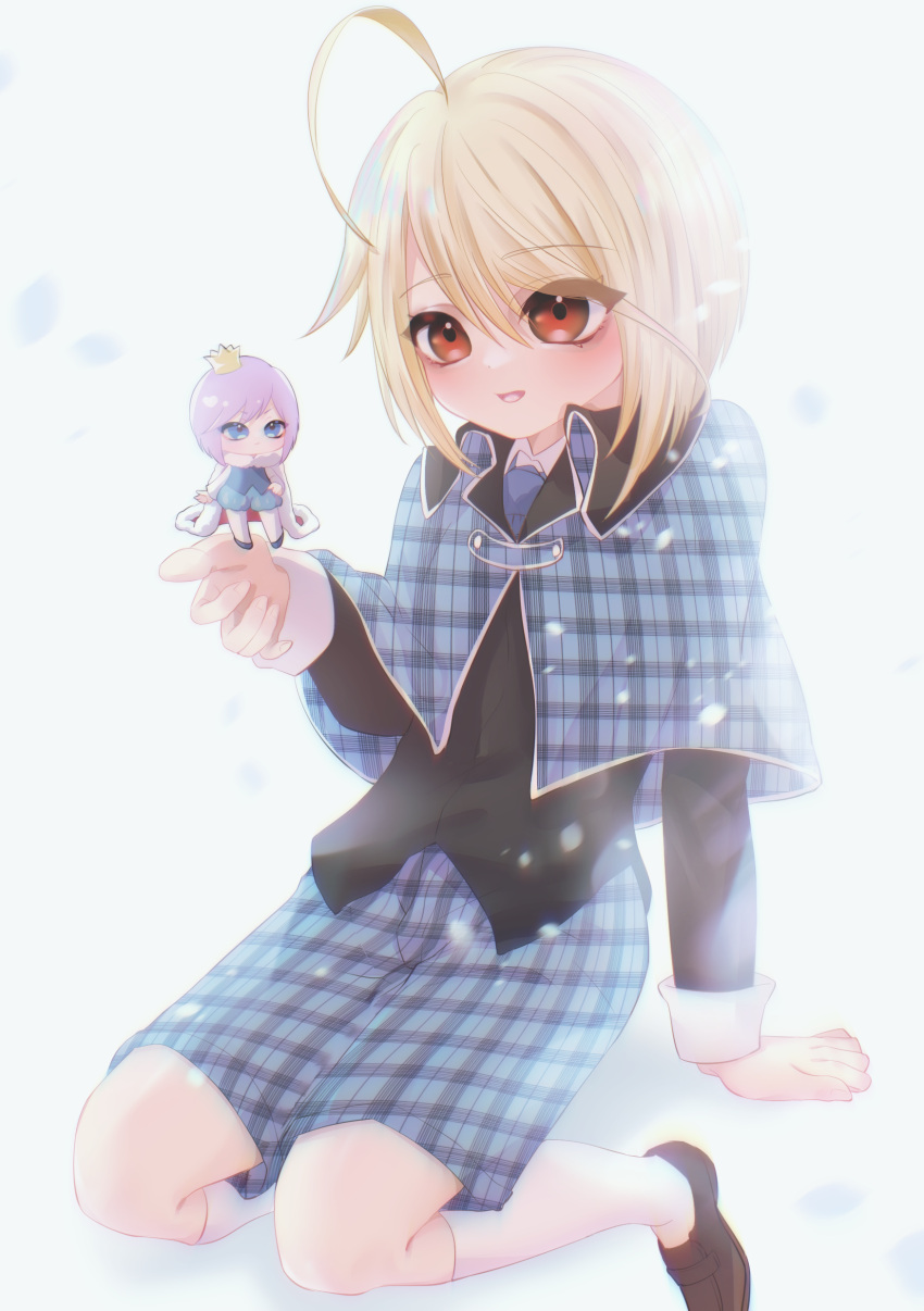 2boys, absurdres, ahoge, black_jacket, blonde_hair, blue_eyes, blush, brown_footwear