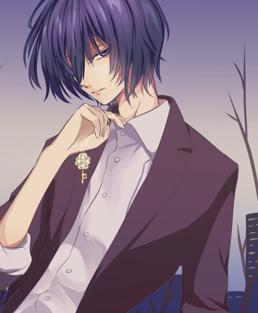 1boy, bare_tree, blazer, blue_eyes, blue_hair, brown_jacket, cityscape, closed_mouth, collared_shirt, dumpty_key_(shugo_chara!), expressionless, grey_background, jacket, long_sleeves, looking_at_viewer, male_focus, melontype_00, multicolored_background, shirt, short_hair, shugo_chara!, solo, tree, tsukiyomi_ikuto, white_background, white_shirt