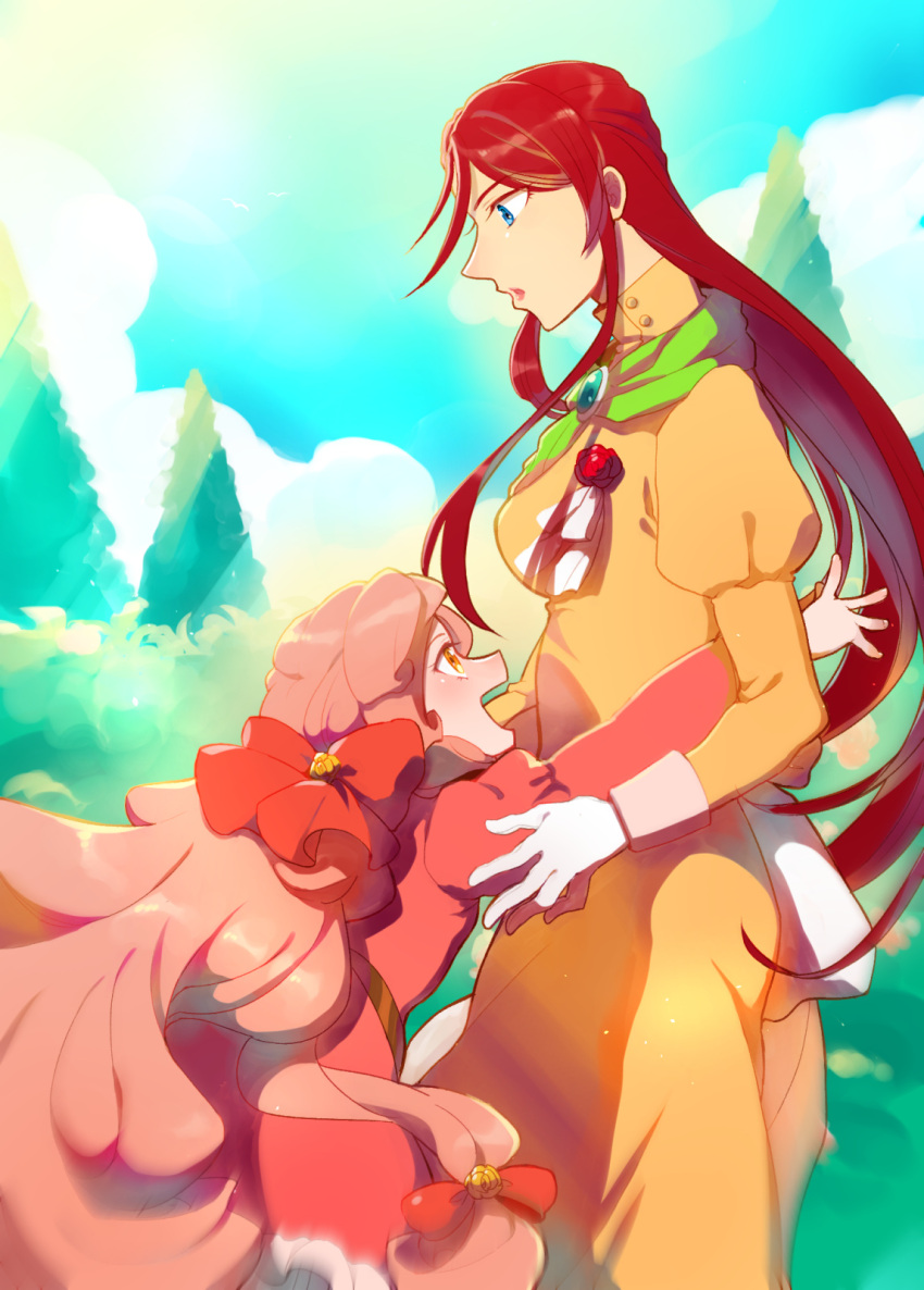 2girls, :d, back_arrow, blue_eyes, blue_sky, bow, brooch, brown_eyes